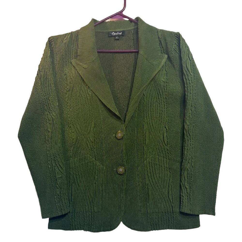 Opulent Women’s L Olive Green Textured Stretch Blazer Jacket 2 Button Pockets